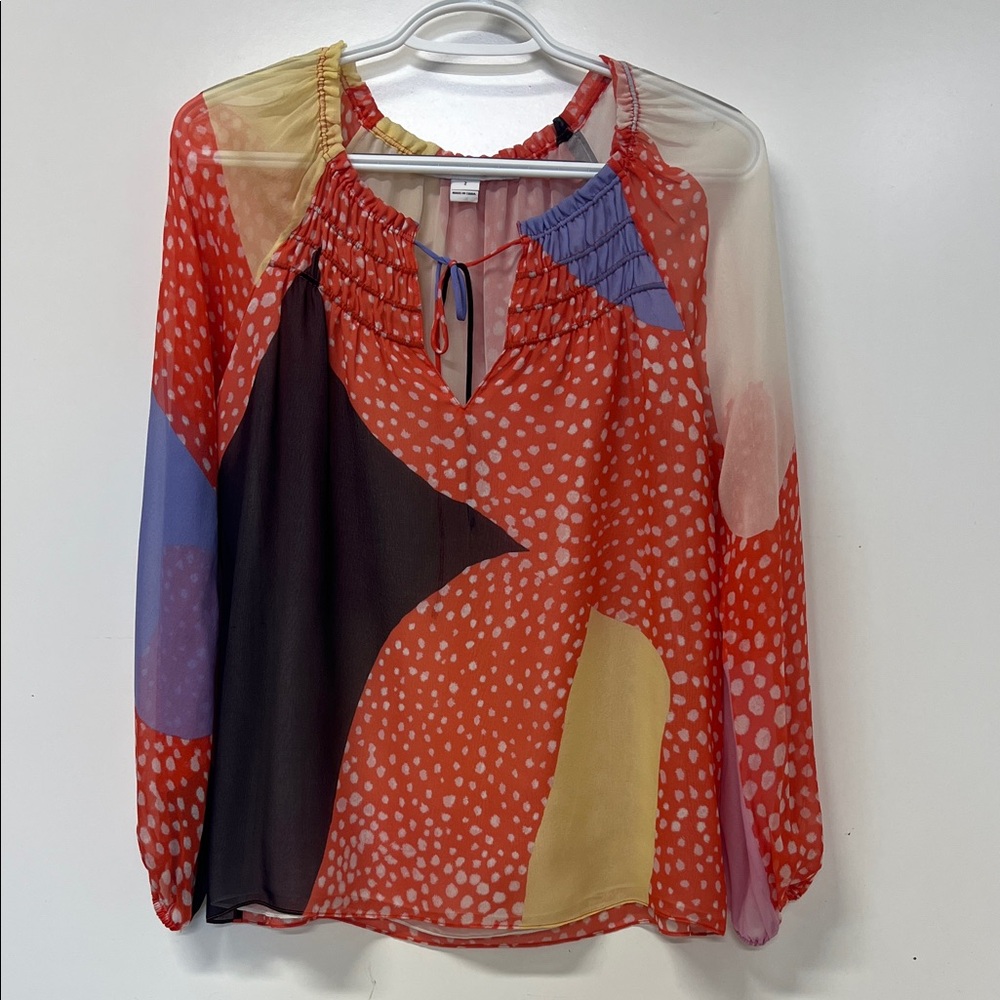 Diane Von Furstenberg Blouse, 100% Silk, Sz 2, MultiColored, Sheer, Long Sleeved